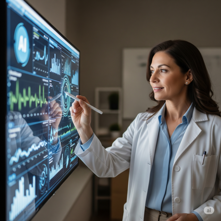 “Doctor using artificial intelligence in healthcare to analyze medical data on screen”